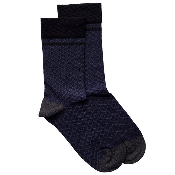 Navy and grey diamond pattern socks, grey heel/toe, deep navy ankle cuff