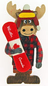 Whimsical Wooden Magnet Moose in Plaid Shirt with Snowboard 