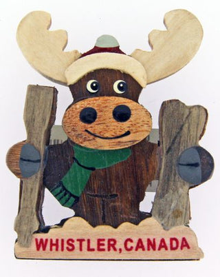 Whimsical  Wooden Magnet Moose  Holding Skis