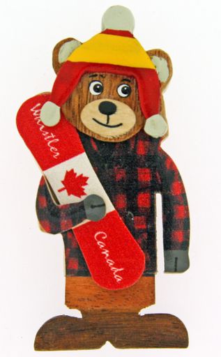 Wooden Bear  in Plaid Shirt holding Snowboard 